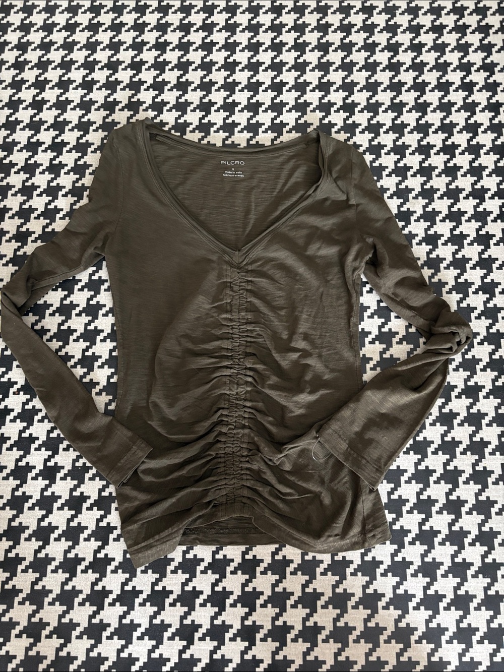 Pilcro Olive Ruched V-Neck Long Sleeve Tee